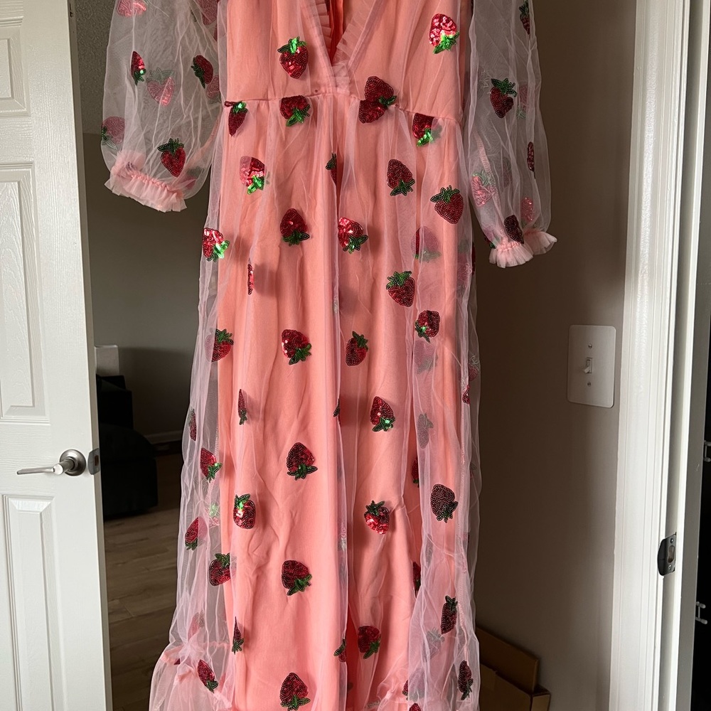Bridgerton Regency Era Pink Peach Red Strawberry Tulle Tea Ball Dress